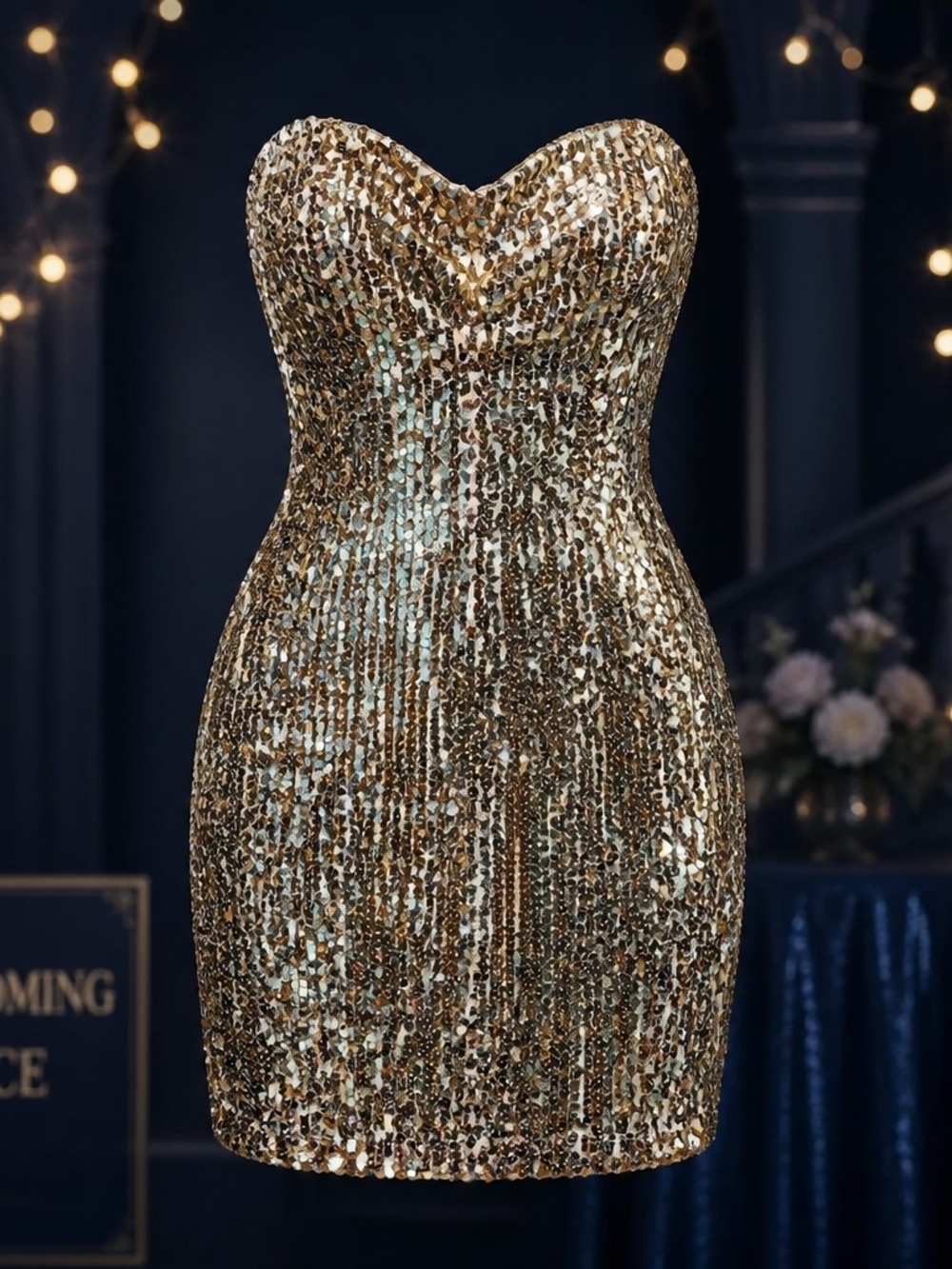 Vintage Y2K Deb Gold Sequin Strapless Mini Dress Homecoming Party Small 4036